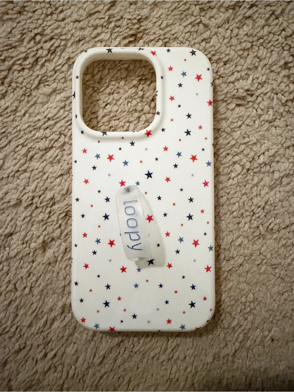 Loopy Case White iPhone 14 Pro Case with Red & Blue Star Print and Strap